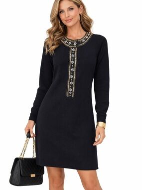 Tracy Reese Black Dress with Beaded Neckline, Size M